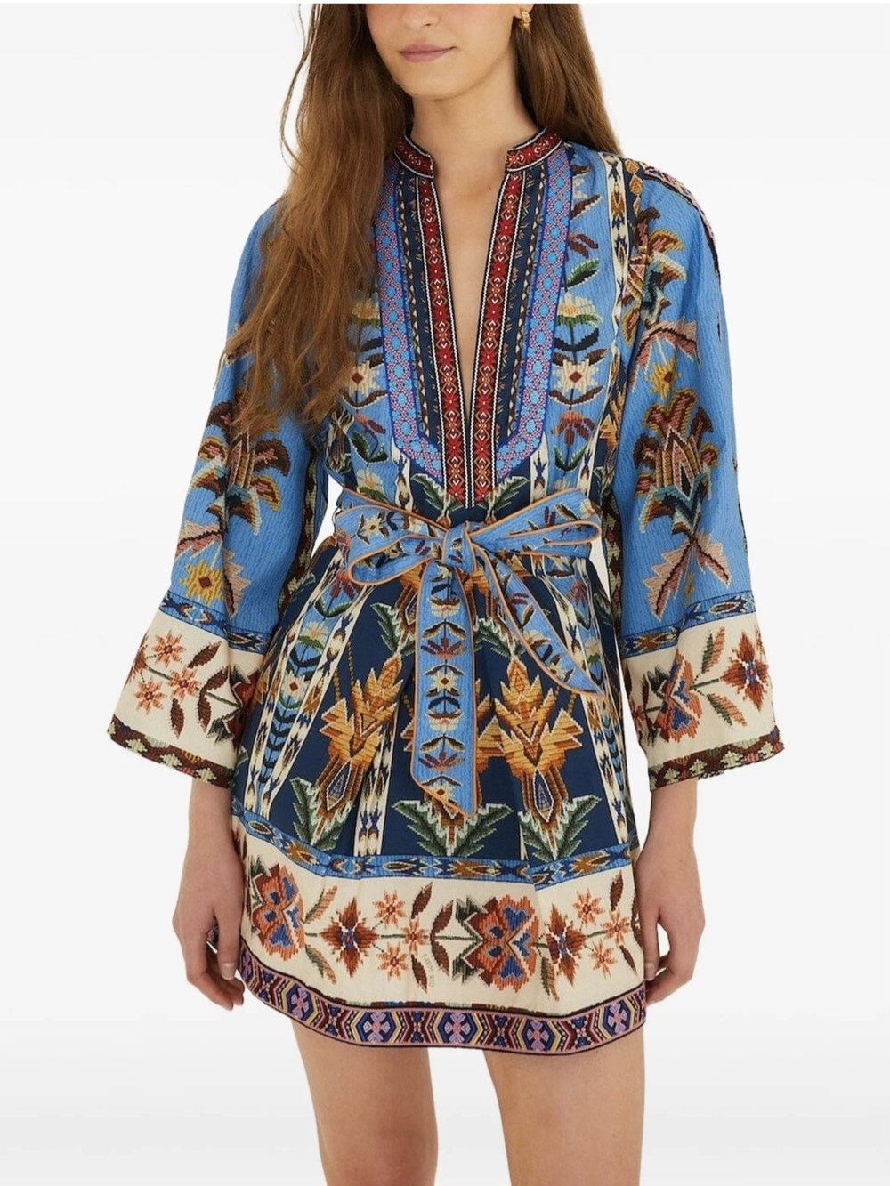FARM Rio Blue Embroidered Tapestry Mini Dress